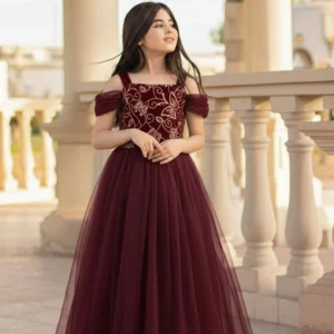 Texaso Premium Girls Maxi/Full Length Festive/Wedding Dress (Maroon, Fashion Sleeve)