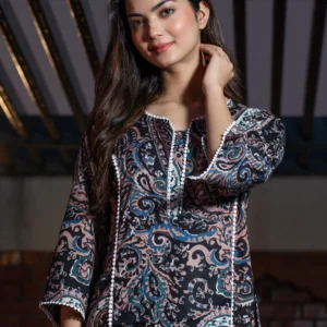 Tabeedah Women Self Design Cotton Blend Pakistani Kurta (Black)